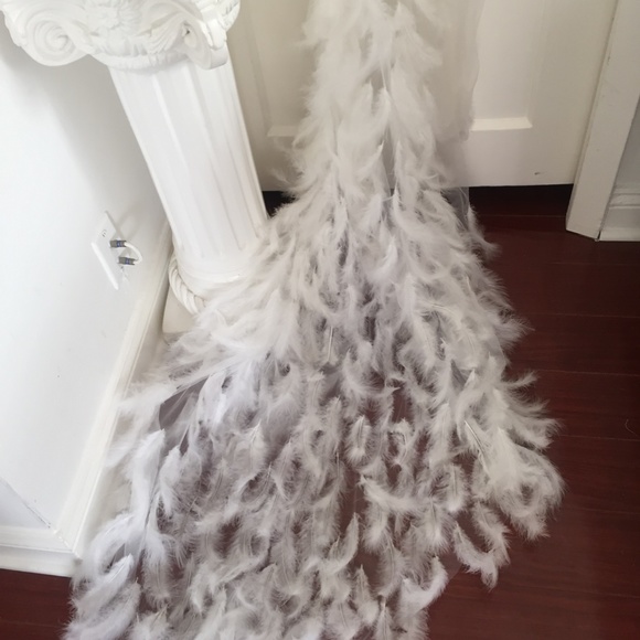 WHITE ANGEL DRESS HAND BEADED FEATHER COUTURE GOWN - Picture 12 of 16